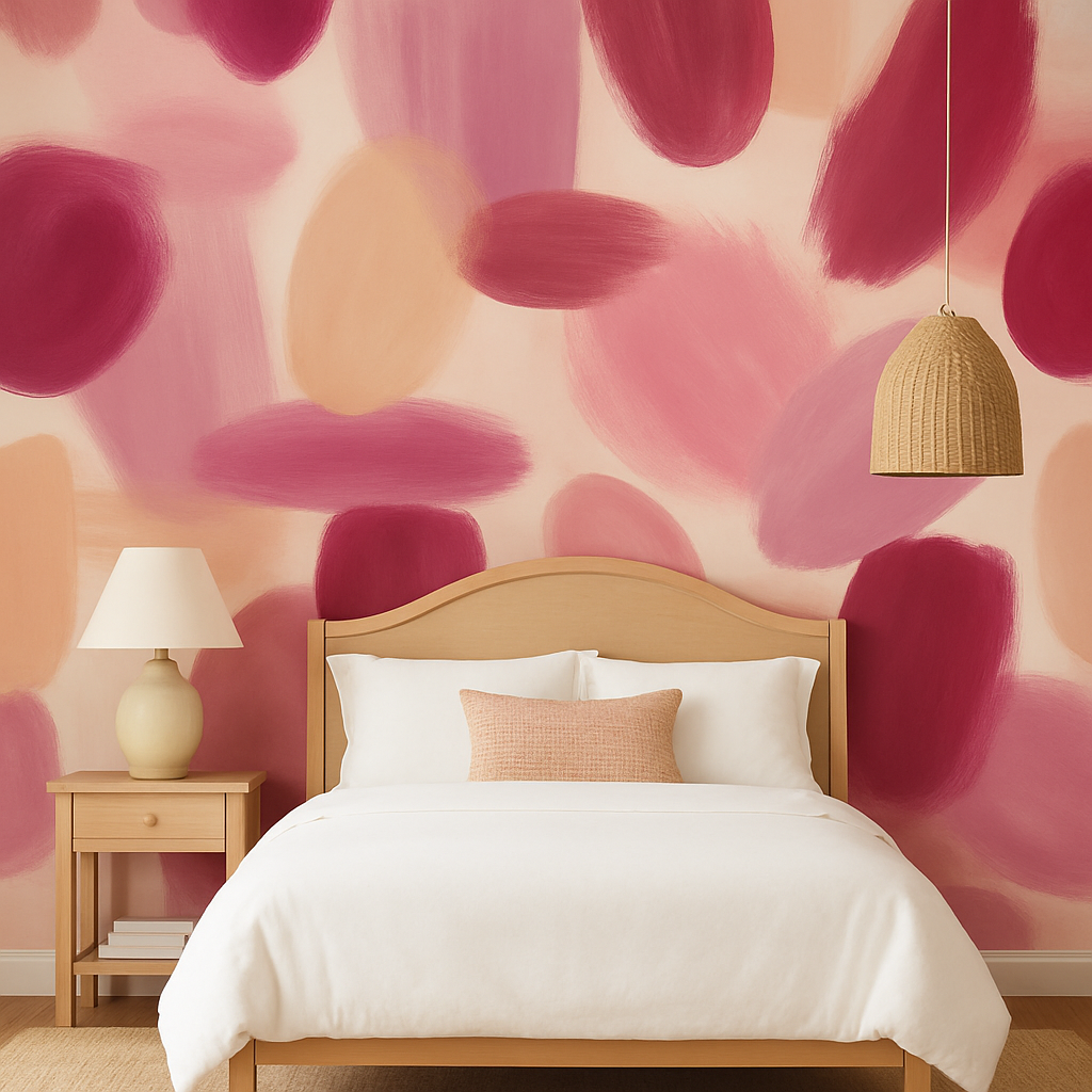 Mauve Horizon Wallpaper with abstract brushstroke pattern, displayed on a bedroom wall.