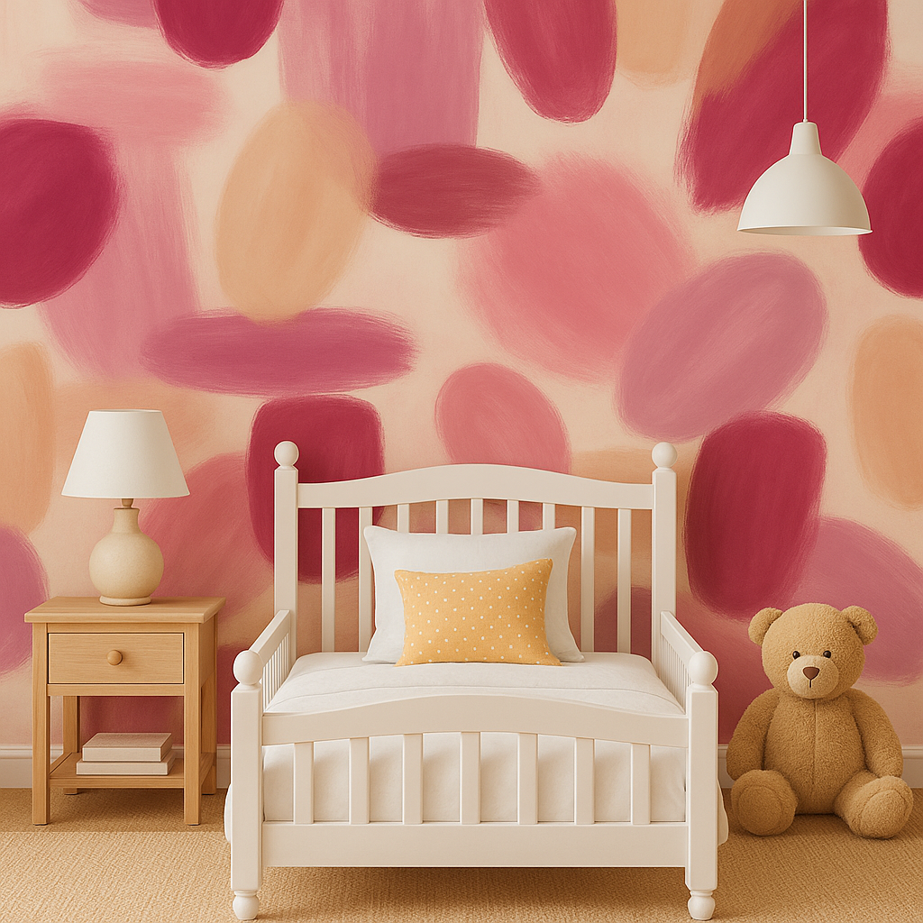 Mauve Horizon Wallpaper with abstract brushstrokes pattern in shades of pink and peach.