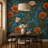 Floral baroque wallpaper with orange poppy blooms, with scrolling leaves and vines.