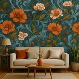 Baroque bloom wallpaper with floral pattern on teal background.