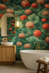 Lotus Reverence Wallpaper with a floral lotus pattern on a green background.