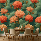 Floral lotus reverence wallpaper with a teal background and repeating flowers.