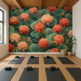 Lotus Reverence Wallpaper with colorful lotus flower pattern on a dark green background.
