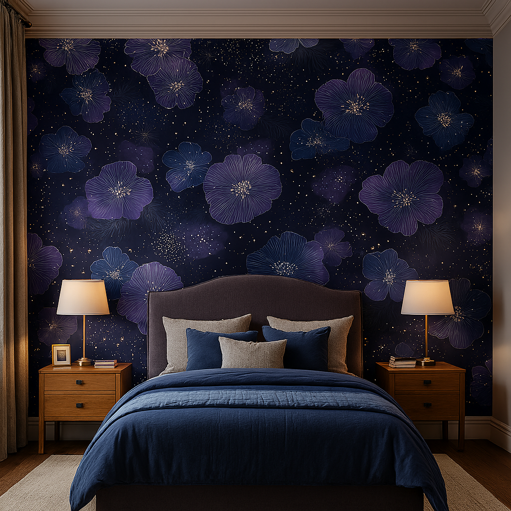 Floral print wallpaper with purple blossoms by Graham & Brown, set as a bedroom accent wall.