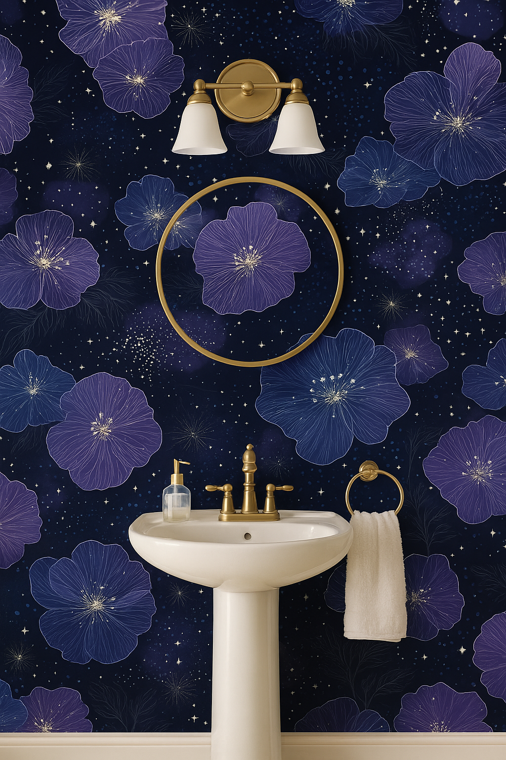 Starflower Veil Wallpaper with blue and purple floral pattern and gold star accents.