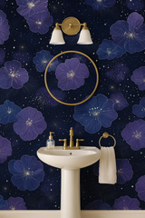 Starflower Veil Wallpaper with blue and purple floral pattern and gold star accents.
