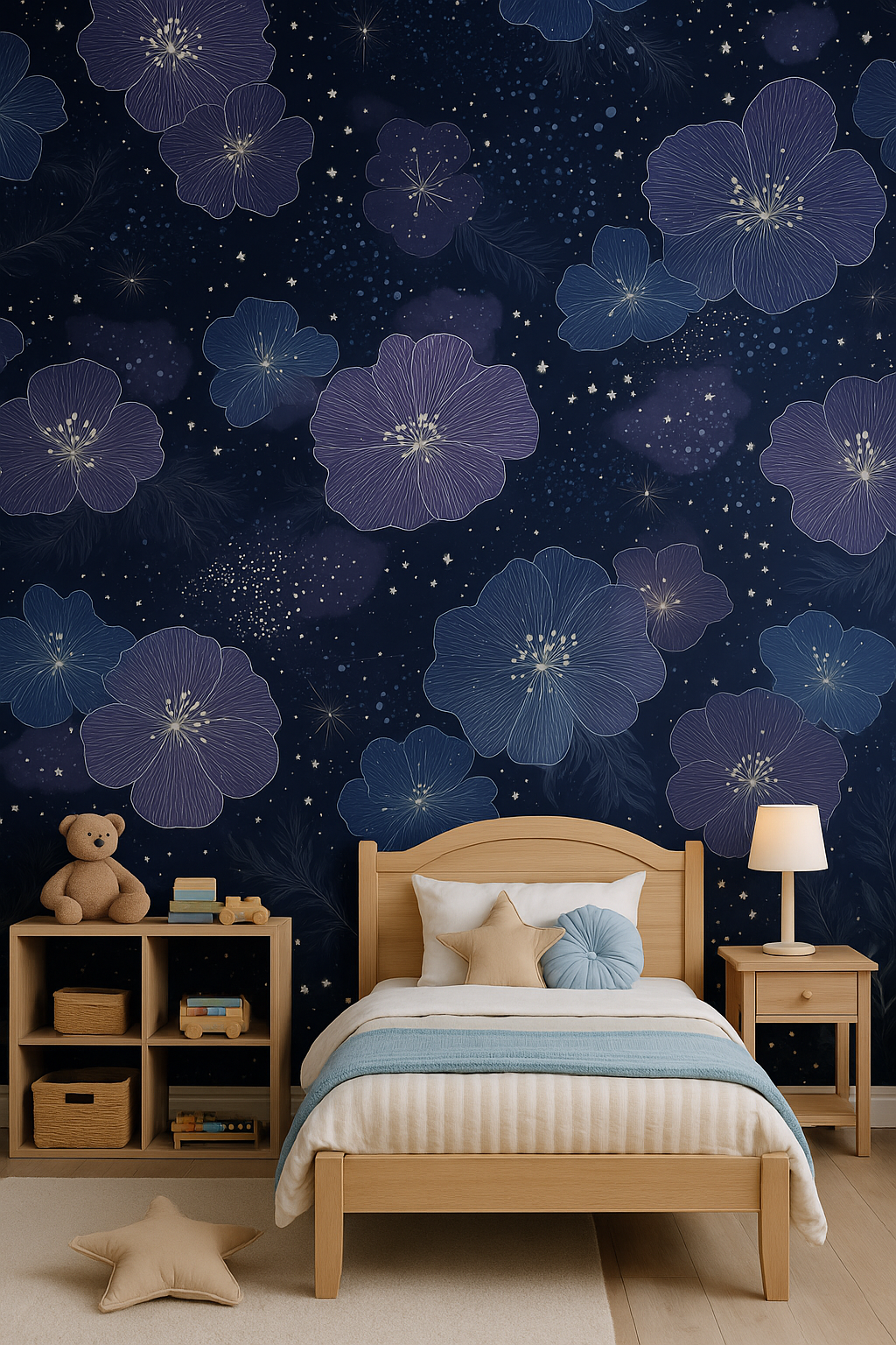 Starflower Veil Wallpaper with flower pattern on a dark blue background.
