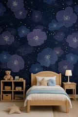 Starflower Veil Wallpaper with flower pattern on a dark blue background.
