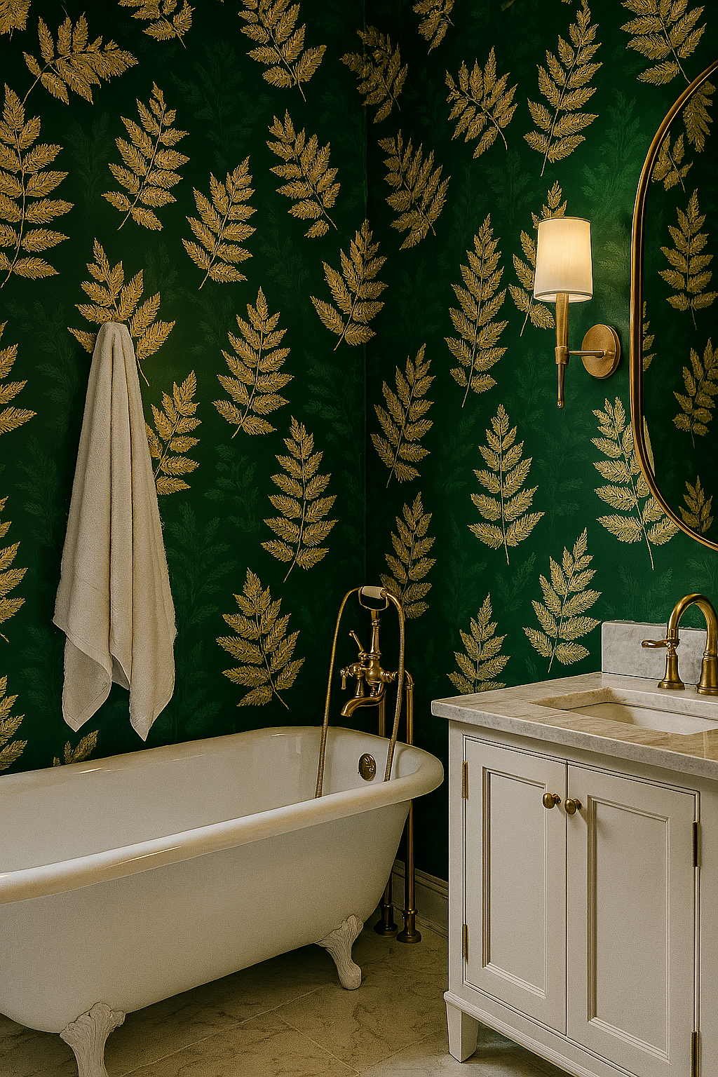 Green and gold Forest Gild Wallpaper with leaf pattern, shown in a bathroom with white vanity and bathtub.
