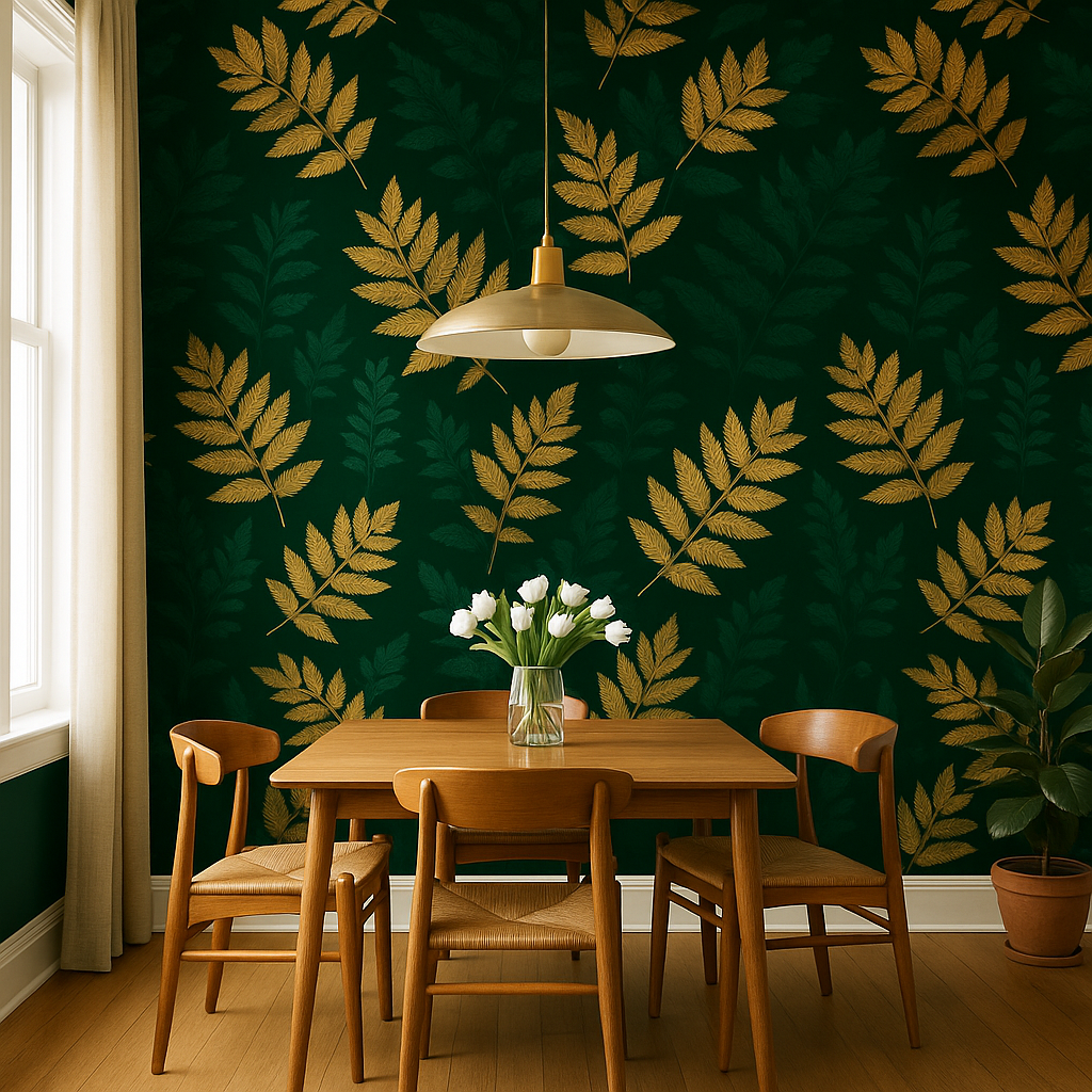 Forest Gild Wallpaper with golden leaf pattern on a deep green background.
