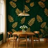 Forest Gild Wallpaper with golden leaf pattern on a deep green background.
