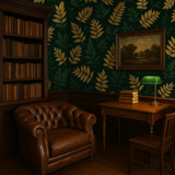 Green and gold leaf pattern wallpaper with forest motif, styled in a traditional room setting.
