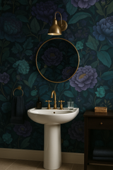 Nightbloom Peony wallpaper with dark floral pattern, featuring gold fixtures in a bathroom setting.