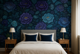 Nightbloom Peony Wallpaper with a dark floral pattern on blue background.
