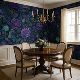 Floral wallpaper with peony pattern, by York Wallcoverings, in shades of purple, blue, and teal.
