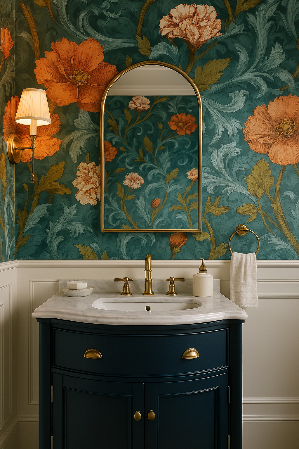 Baroque Bloom Wallpaper with an orange and teal flower pattern.

