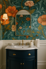 Baroque Bloom Wallpaper with an orange and teal flower pattern.
