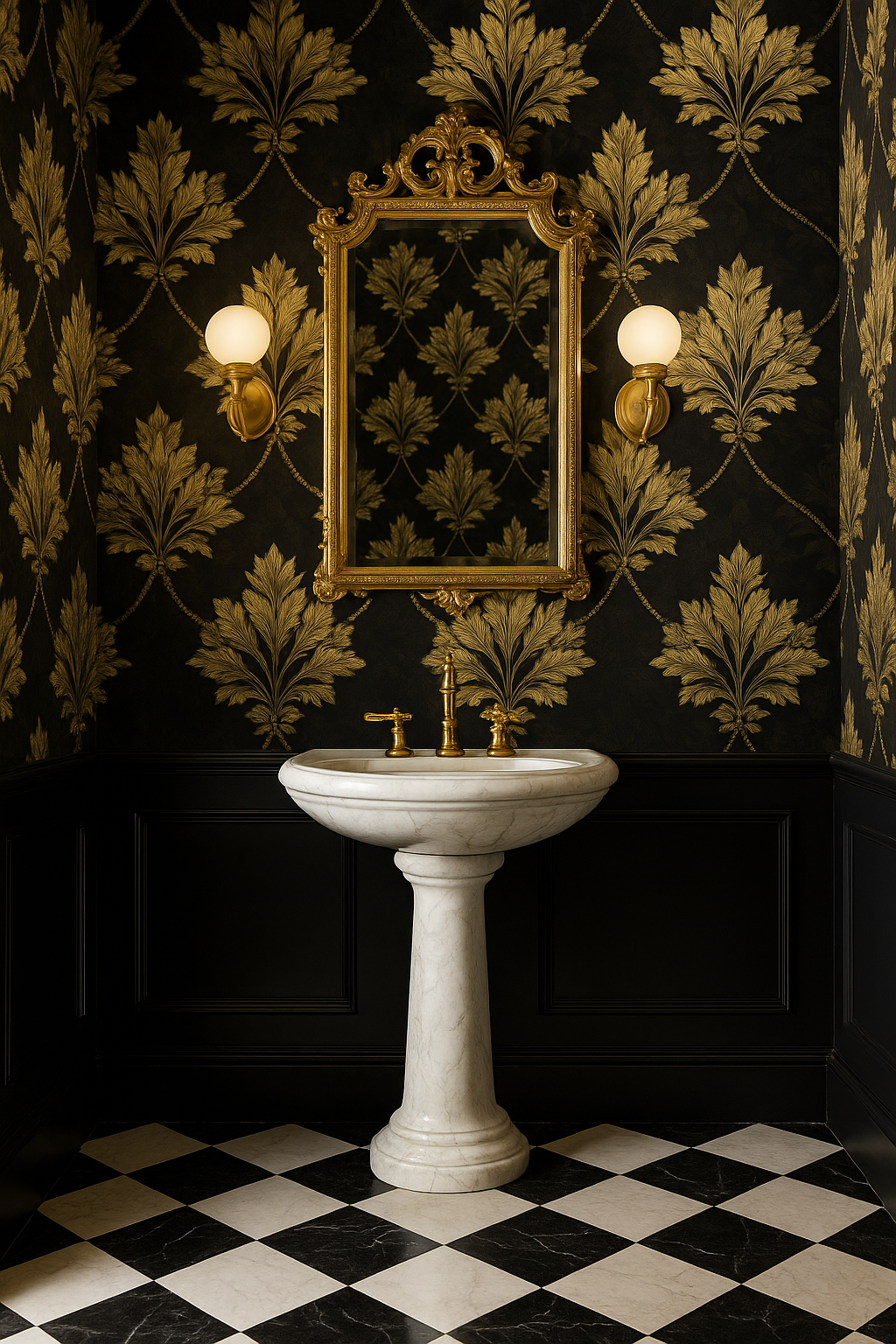 Gilded Fleur Wallpaper with gold leaves pattern on a black background.