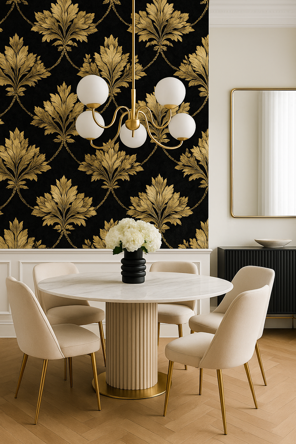 Gilded Fleur wallpaper featuring a gold floral damask pattern on a black background.

