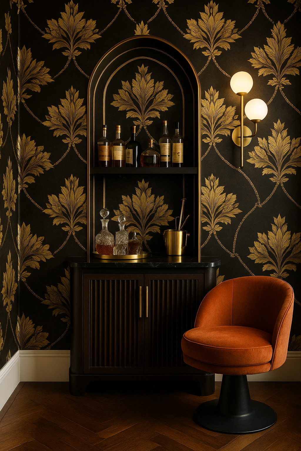 Gilded floral wallpaper with gold leaf pattern over a black background.