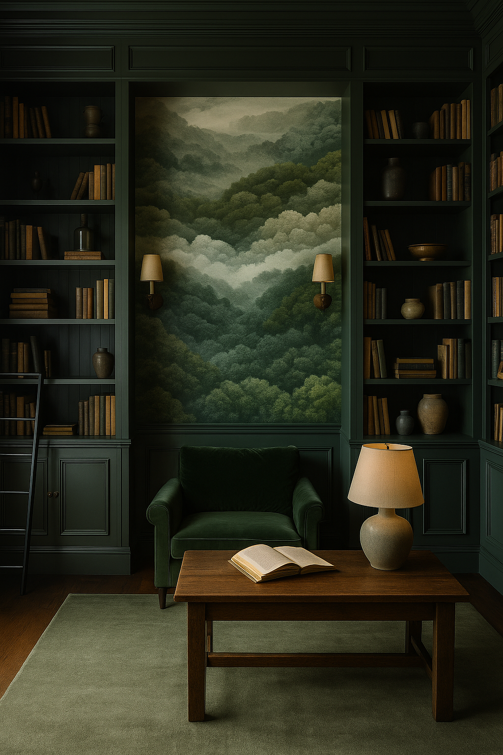 Deepwater Drift Wallpaper with a cloudy mountain landscape design, displayed in a cozy library with bookshelves.
