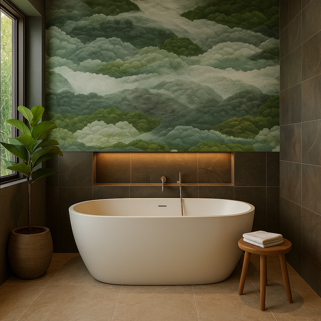 Green Deepwater Drift wallpaper with mountain landscape design by Galerie, covering the wall above a white bathtub.