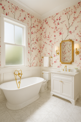 Blossom Script wallpaper with pink floral pattern, covering bathroom walls.