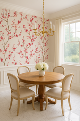 Floral script wallpaper with blossom design, featuring pink flowers and brown branches.