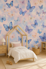 Dreamwing wallpaper with butterfly pattern on a pastel cloud background.