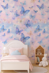 Dreamwing Wallpaper with a blue butterfly pattern on a cloud-like backdrop.
