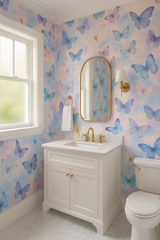 Dreamwing Wallpaper featuring blue and pink butterflies, a whimsical wallpaper for a bathroom.
