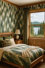 Pinehollow Wallpaper with green tree pattern on the wall behind the bed.
