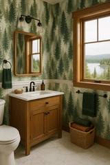 Green forest tree wallpaper with muted shades and woodland pattern.