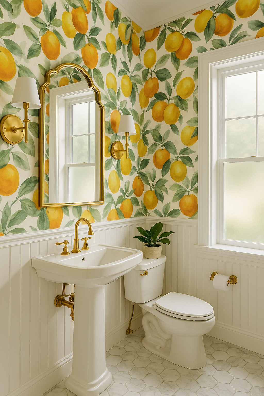 Amalfi Orchard Wallpaper with a yellow fruit pattern and green leaves, displayed on a bathroom wall.

