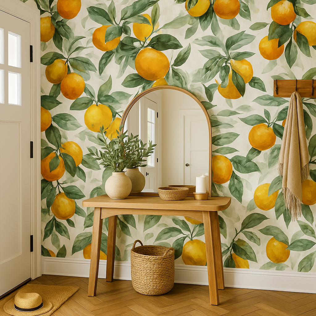 Amalfi Orchard Wallpaper with orange fruit pattern on a white background.
