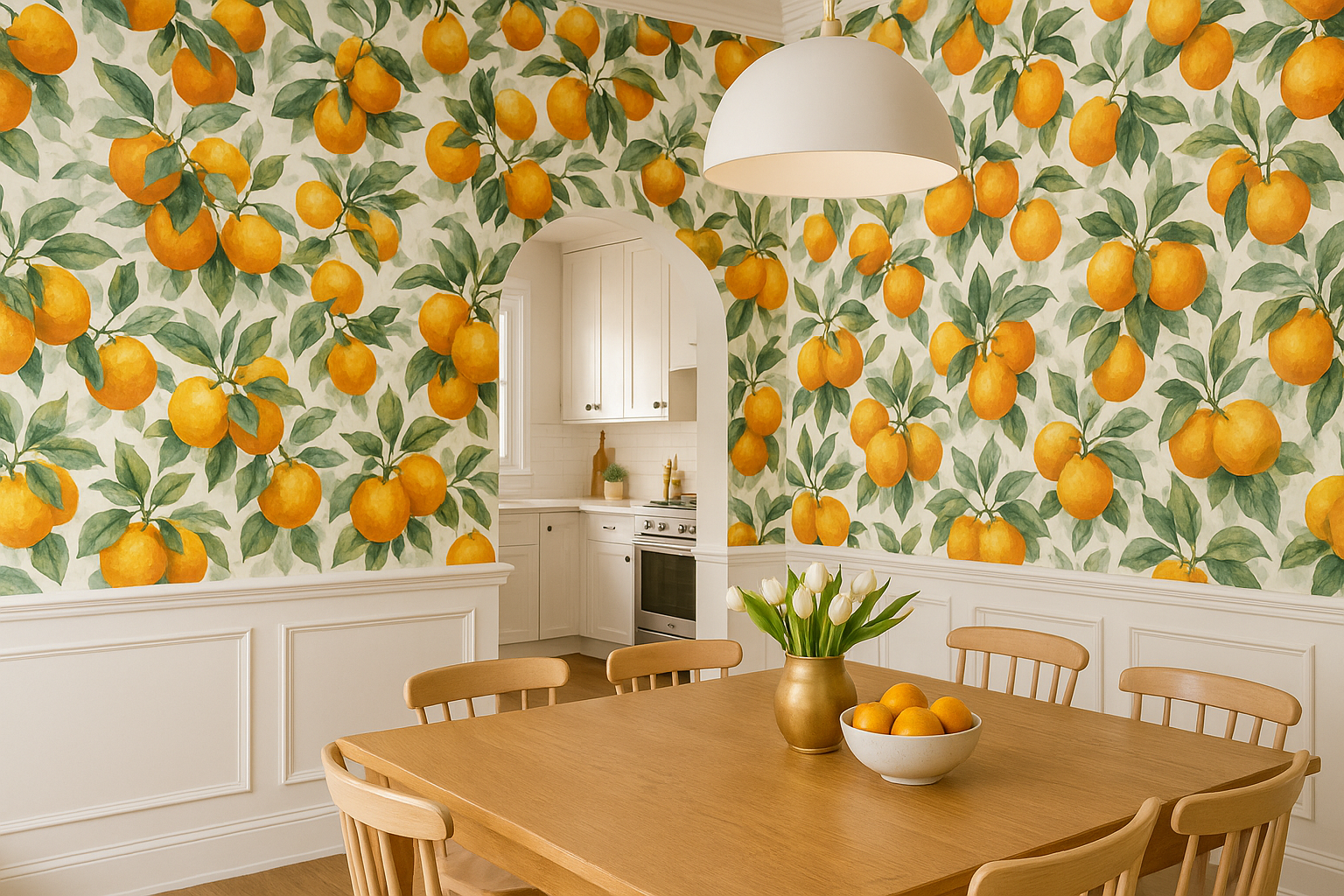 Patterned Amalfi Orchard Wallpaper with orange fruit and leaf design, shown in a dining room setting.
