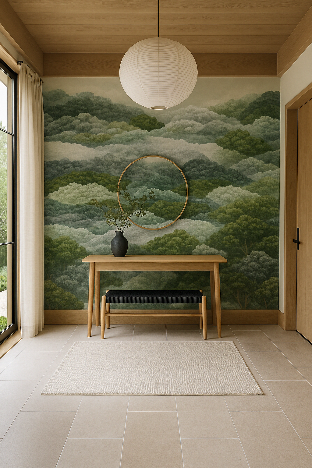 Green and gray Deepwater Drift Wallpaper by Wallshoppe, with a misty forest pattern behind a wooden console table and bench.
