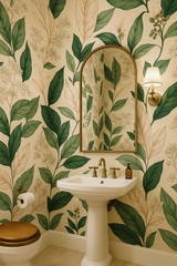 Floraform wallpaper featuring a green leafy pattern.
