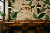 Floral patterned wallpaper with green and beige leaf design.