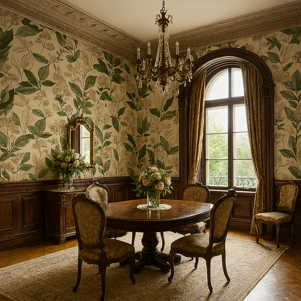 Floraform wallpaper featuring a vibrant leaf pattern with vintage-style design on the walls of an elegant dining room.

