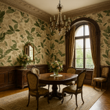 Floraform wallpaper featuring a vibrant leaf pattern with vintage-style design on the walls of an elegant dining room.
