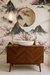 Hanami Mist Wallpaper with mountain and cherry blossom pattern.
