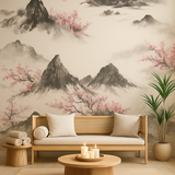 Hanami Mist Wallpaper with mountains and cherry blossoms pattern.
