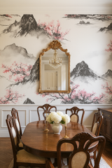 Hanami Mist Wallpaper with mountain and cherry blossom pattern on a white background.