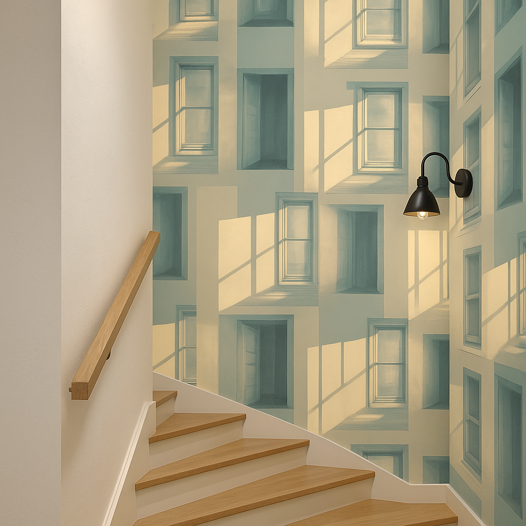 Urban Noon Wallpaper with repeated window pattern, bathed in sunlight and shadowing, set in an interior staircase.
