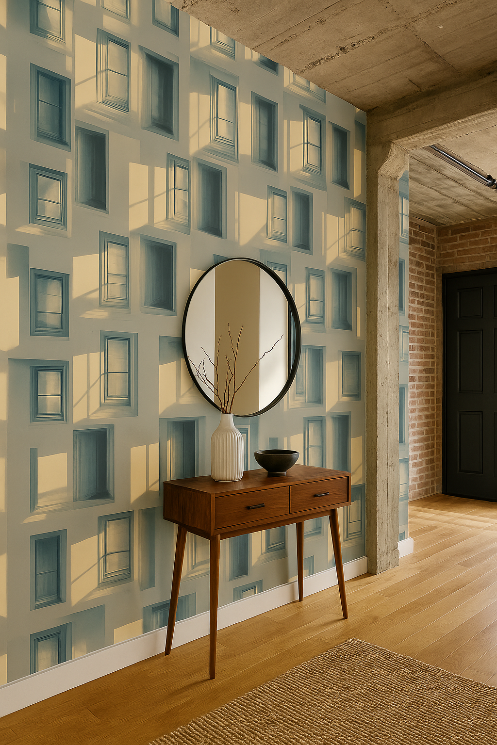 Blue and white patterned wallpaper with window pane design, by none, showcased in a modern hallway.
