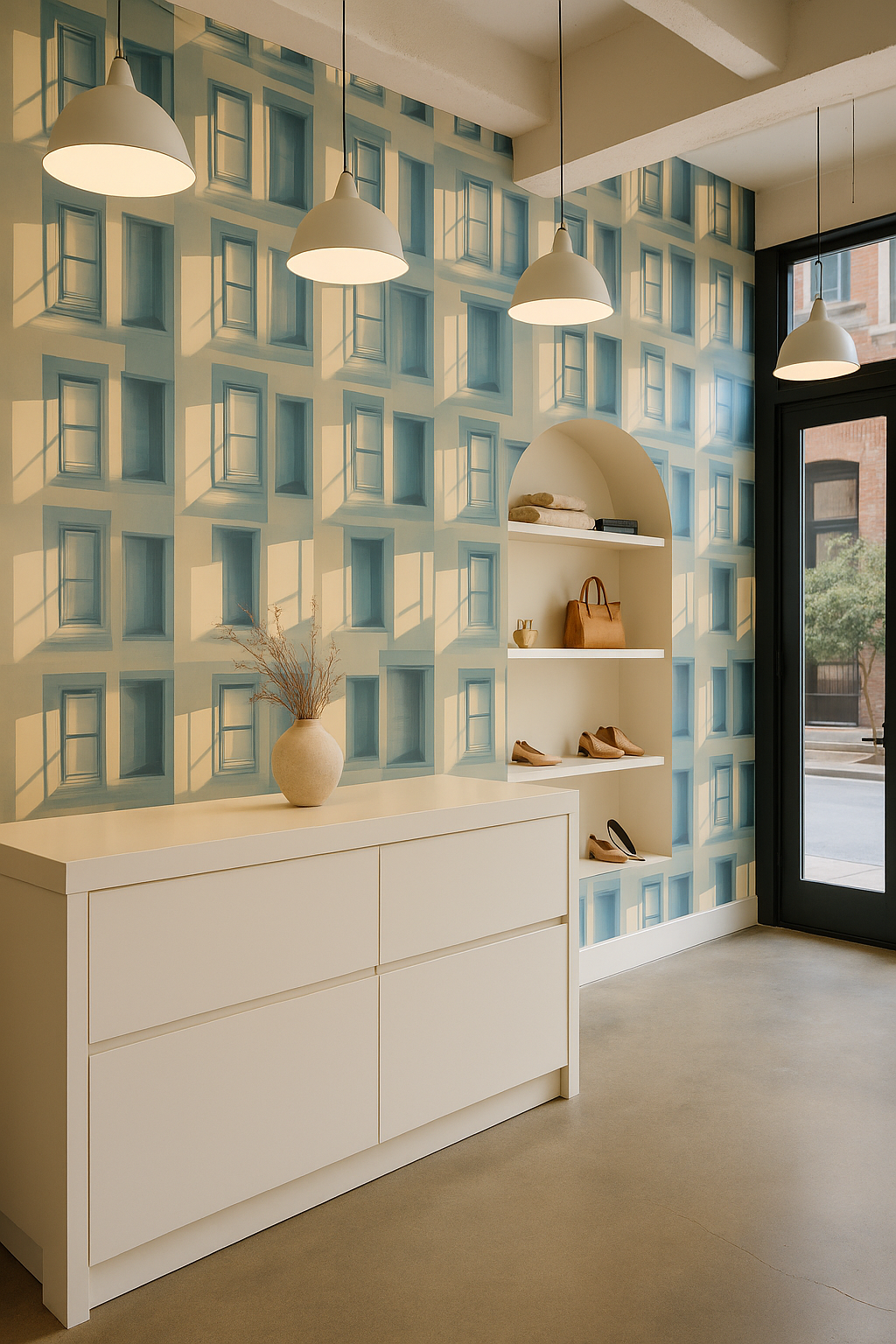 Urban Noon Wallpaper with window pattern, on a wall behind a white cabinet, lit by hanging pendant lights.
