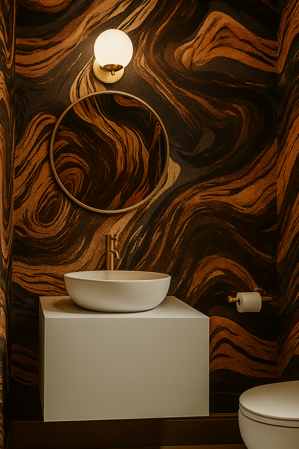 Espresso vein wallpaper with a swirling pattern, in dark browns and golds, textured style.