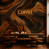 Espresso Vein Wallpaper with swirling brown and black pattern, above a wooden bench with pumpkins.
