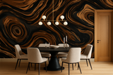 Espresso Vein wallpaper with brown swirls on black, displayed in a dining room setting.
